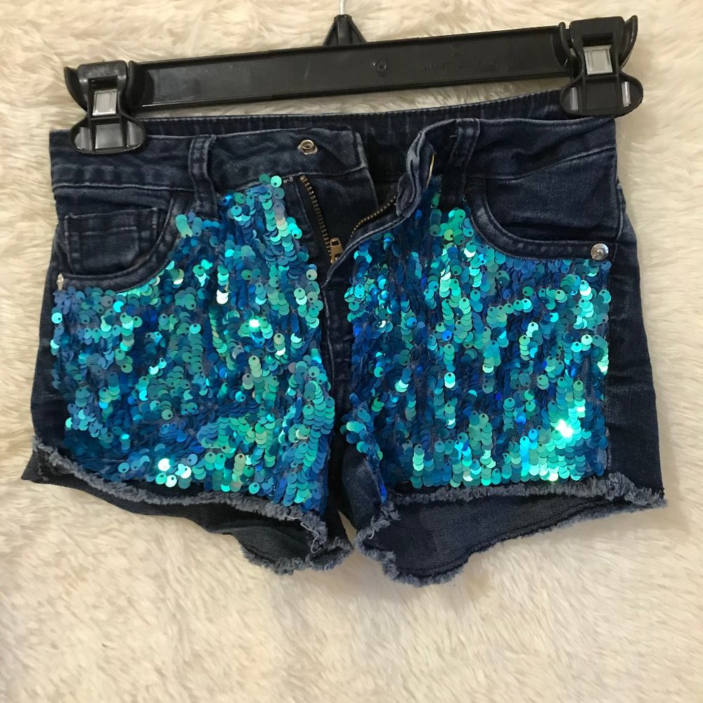 Teal sequins jean short